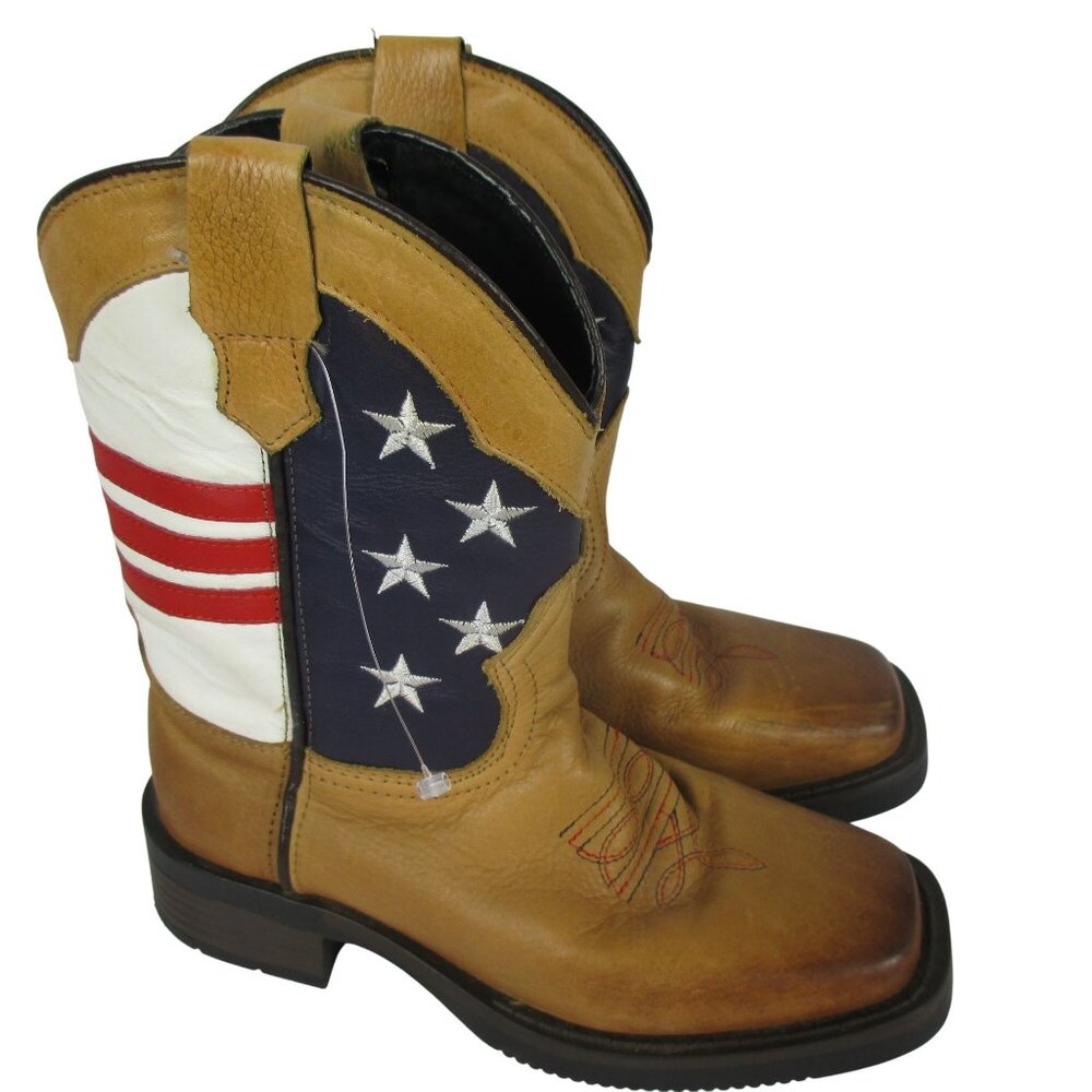 Cody James Boys' USA Flag Leather Western Boots Broad Square Toe Brown Size 1.5